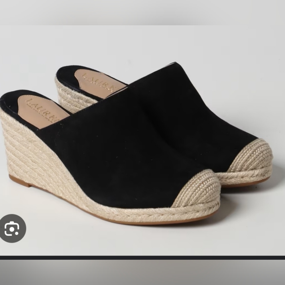 Ralph Lauren Pennie Espadrille Wedge Pumps 6.5 In Black And Creme